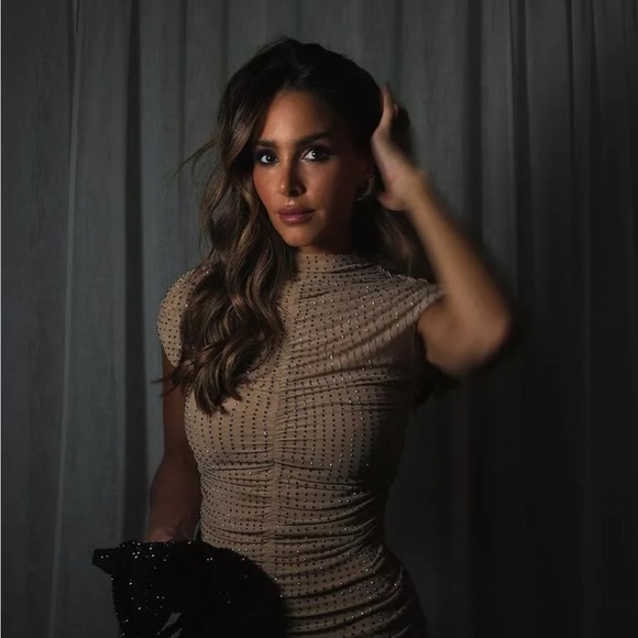 ZARA SHORT MESH DRESS WITH RHINESTONES BEIGE-PINK NEW - Picture 8 of 9